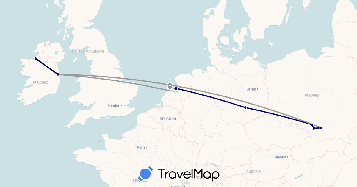 TravelMap itinerary: driving, plane in Germany, Ireland, Netherlands, Poland (Europe)